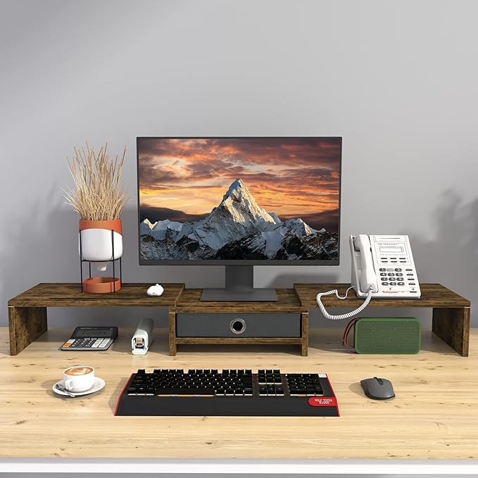 WESTREE Dual Monitor Stand Riser with Drawer, 3 Shelf Computer Monitor Riser with Adjustable Length and Angle, Desktop Monitor Stand Riser Storage Organizer for 2 Monitors