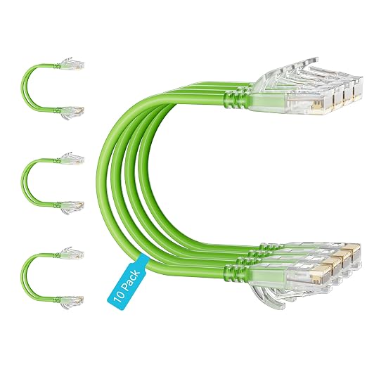 Cat6 Slim Patch Cables 2 Feet 10-Pack Green, Cat6a Patch Cables 10Gbps 550MHz by Unknown