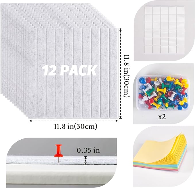 Large Cork Board Alternative, 12 Pack Felt Board with Safe Removable Adhesive Tabs Felt Wall Tiles, Large Cork Boards for Walls, Cork Board for Home Office, Pin Boards for Walls, Stripe Marble White
