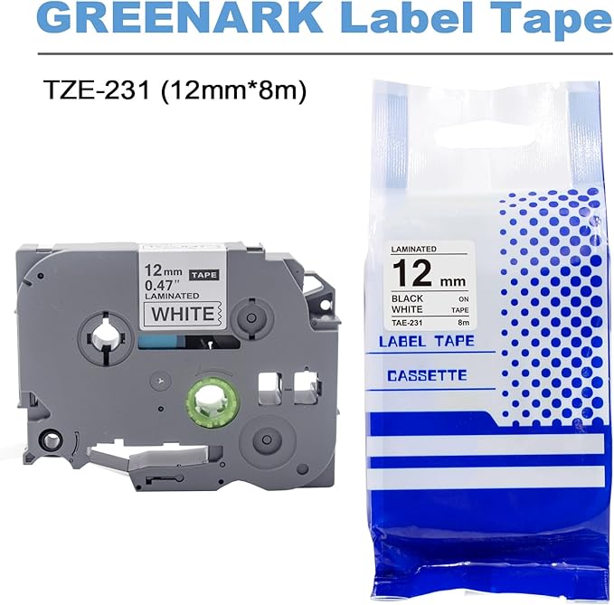 GREENARK Compatible TZe-231 label tape TZe231 TZ TZE 231 Replacement for Brother Black on White Replacement for Brother P-Touch P Touch Label Maker PT-J100 PT-J100W PT-120 PT160 etc (12mm x 8m),4-Pack