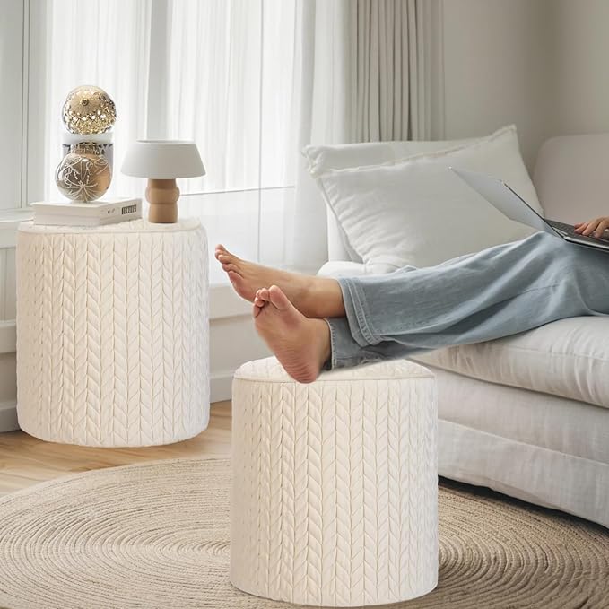 Modern Round Ottoman 2Pcs, Braided-Tufted Foot Stool Ottoman, Velvet Upholstered Vanity Stool for Makeup, Bedroom, Living Room, White