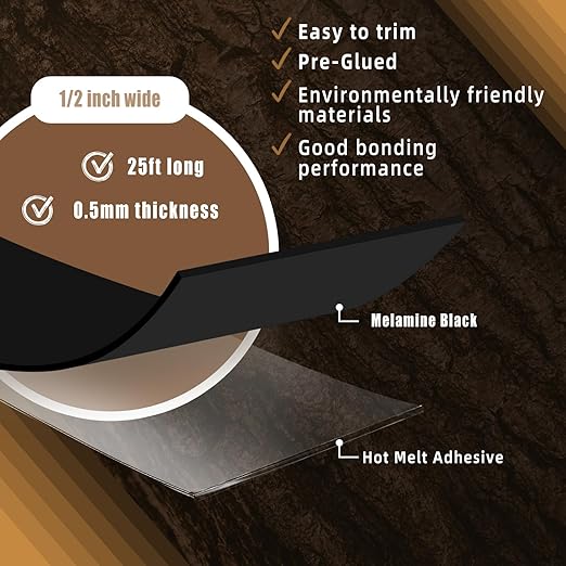 GSCIT Club Black Melamine Edge Banding, 1/2 inch x 25ft Edge Banding with Hot Melt Adhesive Pre-glued Cabinet Edge Banding Flexible Black Veneer Edging for Plywood