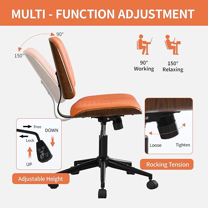 Small Home Office Chair - Armless Mid Back Desk Chair with 360° Swivel and Wheels, PU Upholstered Height Adjustable Modern Walnut Computer Chair for Home, Office Meeting Room - Orange