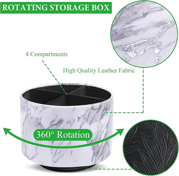 Round Leather Art Supply Organizer,Remote Control Holder,360-degree Rotating Pen Organizer with 4 Compartments(1-Marble White Silver)