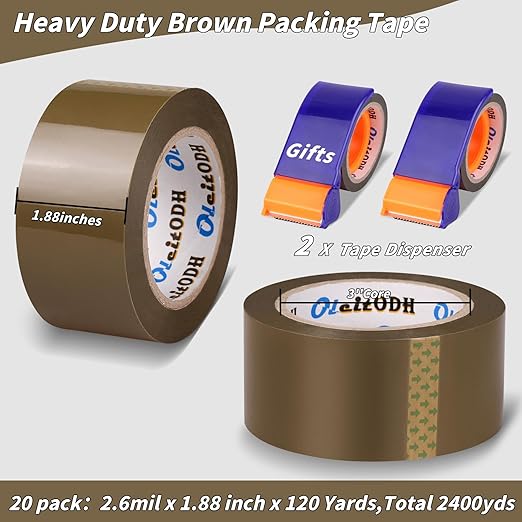 20 Rolls Brown Packing Tape with Dispenser, 1.88" X 120 yd Shipping Tape Bulk, Total 2400 yards, 2.6 mil, 3" Core, Tan Packing Tape Refills, Carton Sealing Tape for Moving Boxes, Package, Mailing