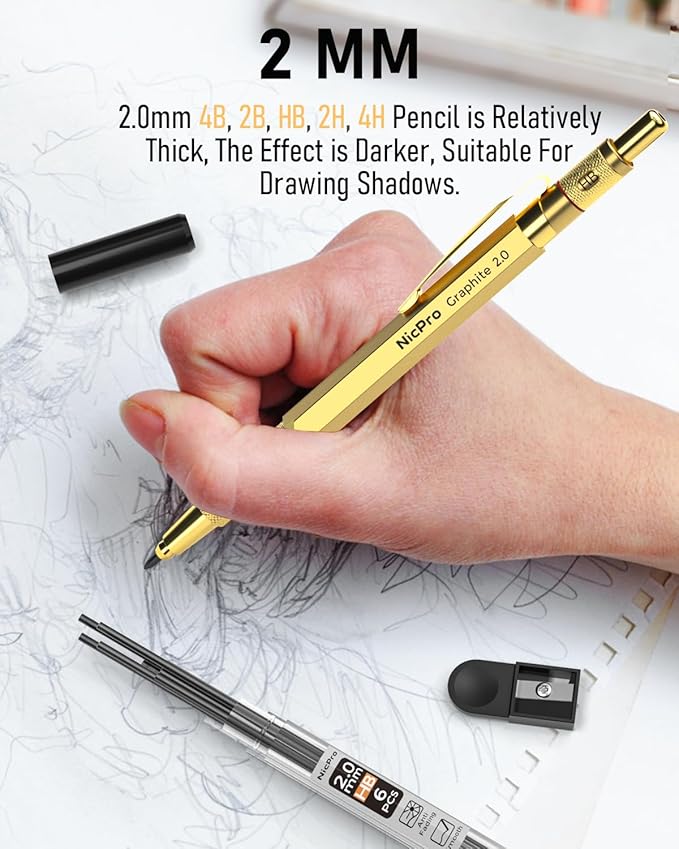 Nicpro 30PCS Art Mechanical Pencils Set in Leather Case, Gold Metal Drafting Pencil 0.5, 0.7, 0.9 mm, 2mm Lead Pencil Holder for Sketching Drawing With 16 Tube (6b 4B 2B HB 2H 4H Colors) Lead Refill