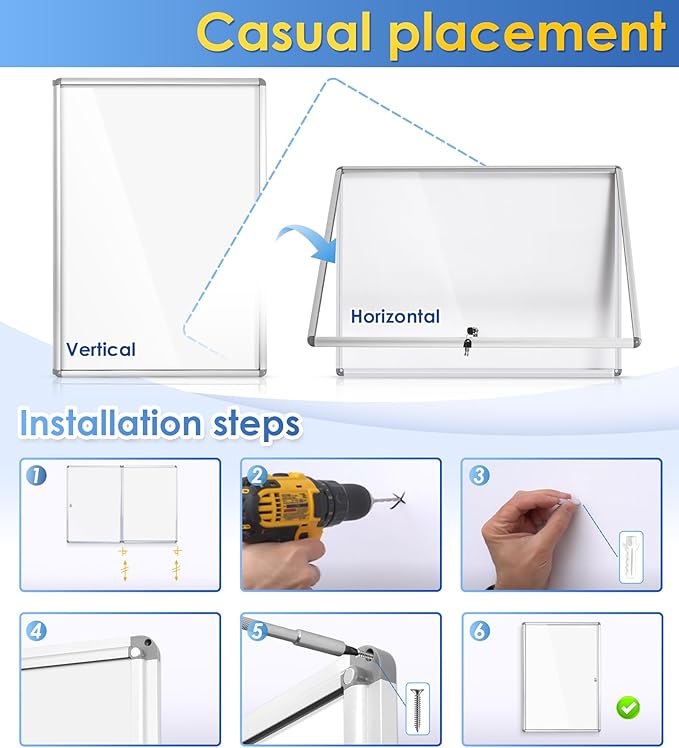 SWANCROWN Locking Bulletin Boards Enclosed Noticeboard White Glass Message Boards Indoor for School Office 38x28inch(9xA4)