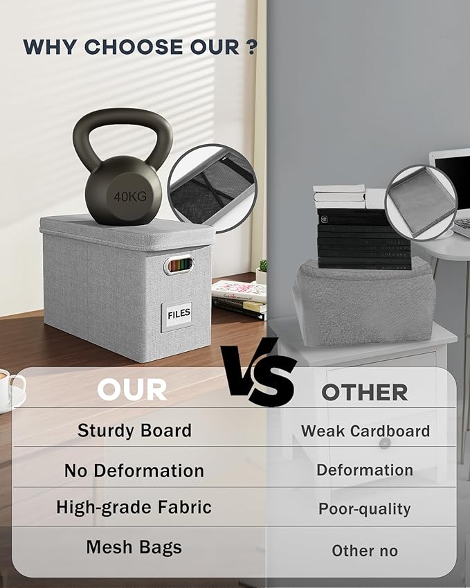 Oterri File Organizer Box with Lid, Hanging Filing File Box with Mesh Pocket, Document Organizer Box for Letter Files, Portable Storage Box with Smooth Sliding Rail for Office&Home (2 PCS, Light grey)