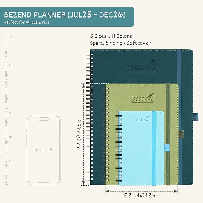 BEZEND Planner 2025-2026 Weekly and Monthly, 5.8" x 8.5" Academic Calendar (Jul 25-Dec 26) Vertical Daily Appointment with Hourly Timeslot & Monthly Tab, Spiral, PU Leather Softcover - Kiwi
