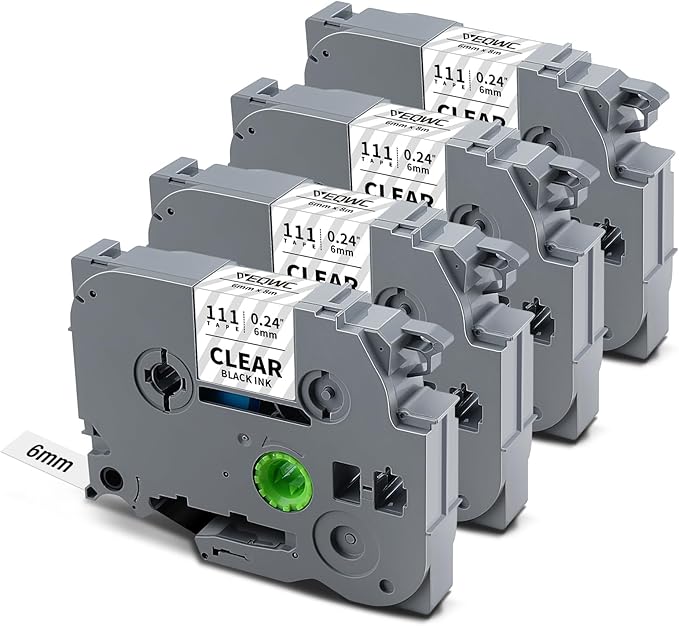 6mm 0.23 Laminated Clear Label Tape Tz-111 TZ Tape Compatible for Brother P-Touch Tze-111 1/4" Tze Label Refills Work for Ptouch Label Maker PT-D220 PT-D210 PT-H110 PT-D400, Black on Clear, 4-Pack