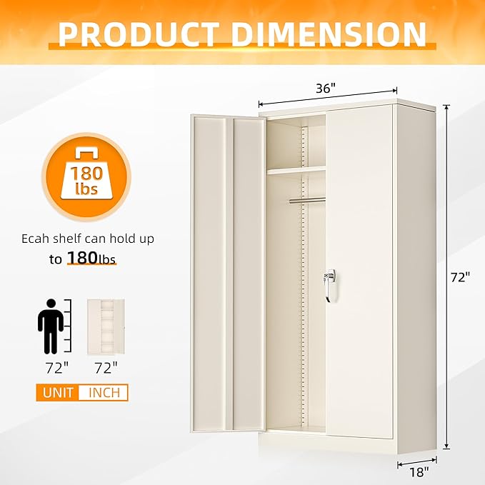 INTERGREAT Metal Storage Cabinet with Lock,72 Tall Armoire Wardrobe Closet with Doors,Cream Grey Storage Closet Cabinet with Adjustable Shelves and Removable Hanging Rods