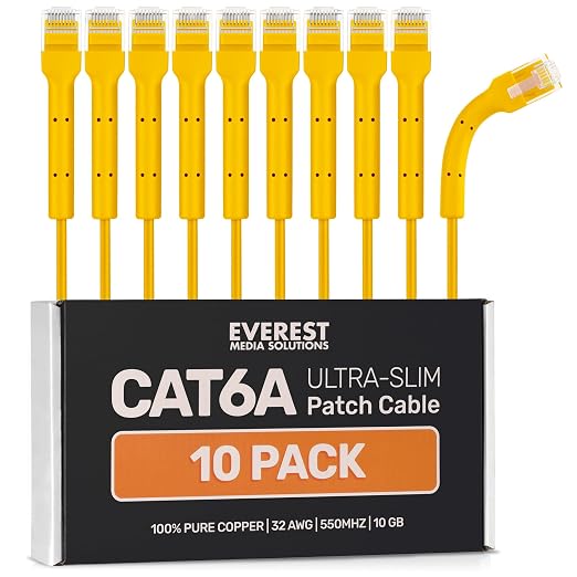 Everest Ultra Slim Cat6a Ethernet Patch Cables 6ft Yellow by EverestMediaSolutions