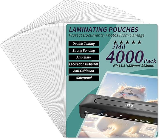 Laminating Sheets - 3Mil 4000 Pack Thermal Laminating Pouches, 9"x11.5" Clear Laminate Sheets for Schedules, Menus, Certificates, Art Drawings, Round Corner