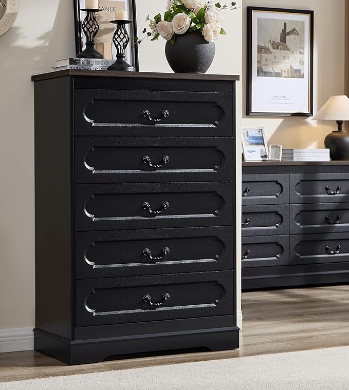 LIDYUK 5 Drawer Dresser for Bedroom Farmhouse Black Wood Chest of Drawers for Bedroom Dresser, Rustic 46" Tall Wide Drawers Dressers Wooden Closet Storage Cabinet, Hallway, Living Room