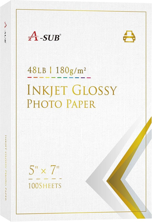 A-SUB Inkjet Glossy Photo Paper 5X7 Inches 48lb 180gsm Professional Glossy Photographic Paper for Inkjet Printers Dye Ink 100 Sheets