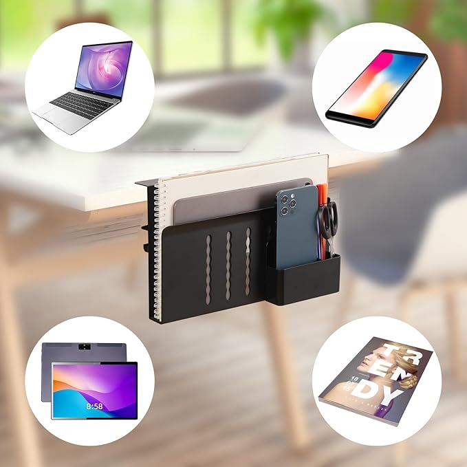 Desk Side Storage, Under Desk Laptop Mount, Table Side Hanging File Organizer, No Drill Clamp On Cable Management Tray, Laptop Holder with Magnetic Pen Holder for Office and Home(Black)