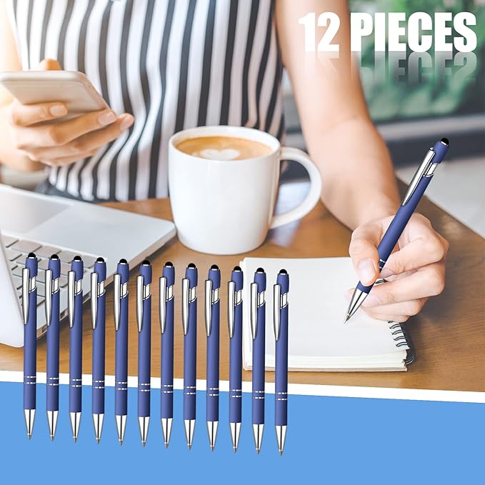 12 Pcs Blue Ink Ballpoint Pen with Stylus Tip, 1.0 mm Metal Pen Stylus Pen for Touch Screens, 2 in 1 Thank You Pen Gift for Friends, Colleagues, Coworker, Office, Family (Blue)