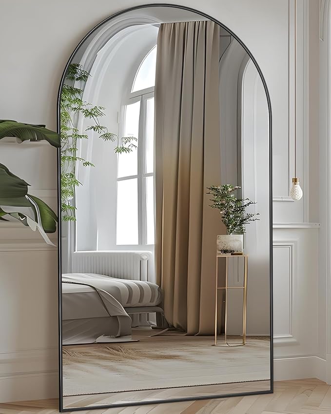 Full Length Mirror, 72"x44" Oversized Floor Mirror Freestanding, Full Body Mirror Floor Standing Mirrors with Stand, Hanging Mounted Mirrors for Bedroom Living Room, Black, Arched Style