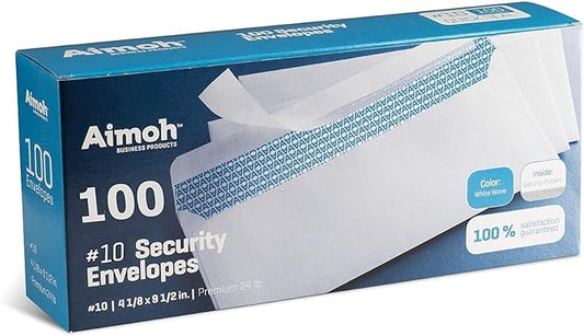 Aimoh #10 Security Self Seal Envelopes – 100 Qty |No Window, EnveGuard, 4⅛ x 9½", White, 24 LB, 100 Count (34100)