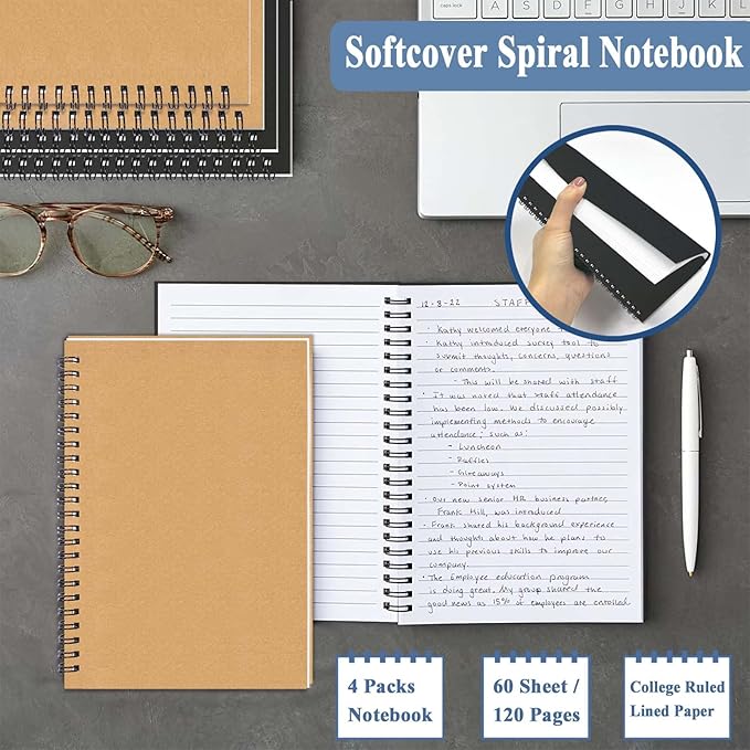 GINMLYDA 4Pack Small Spiral Notebook A5, 8.25x5.5” 120 Lined Pages Wide Ruled Spiral Journal Bulk Blank Kraft Cover Spiral Bound Notebook & Writing Pads for Home Office Meeting Work Note Taking