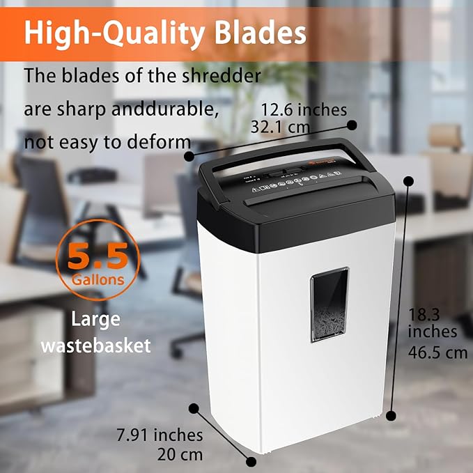 Bonsaii Heavy-Duty Shredder, Up to 12 Sheets, P-4 high Security, Credit Cards, Mail, & Staples, 5.5-Gallon bin with a Transparent Window, Suitable for Heavy-Duty use in Home Offices, White & Black