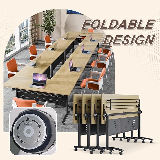 Folding Conference Room Table, Modern Conference Tables with Wheels, Large Rectangular Mobile Training Tables for Office Classroom, Foldable Modular Boardroom Seminar Table Maple (10pack L70.9in)