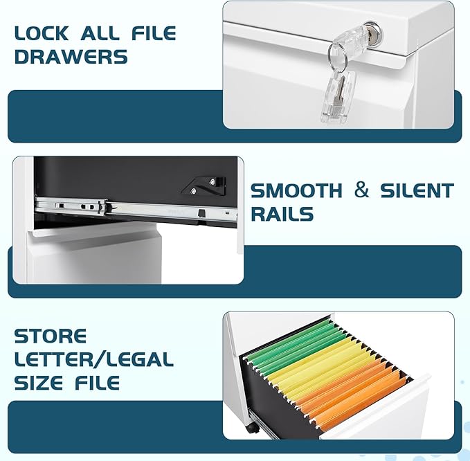 MIIIKO 2 Drawer File Cabinet with Lock, Home Office Filing Cabinets on Wheels, Under Desk 2 Drawers Storage for Legal/Letter/A4 Files,Fully Assembled