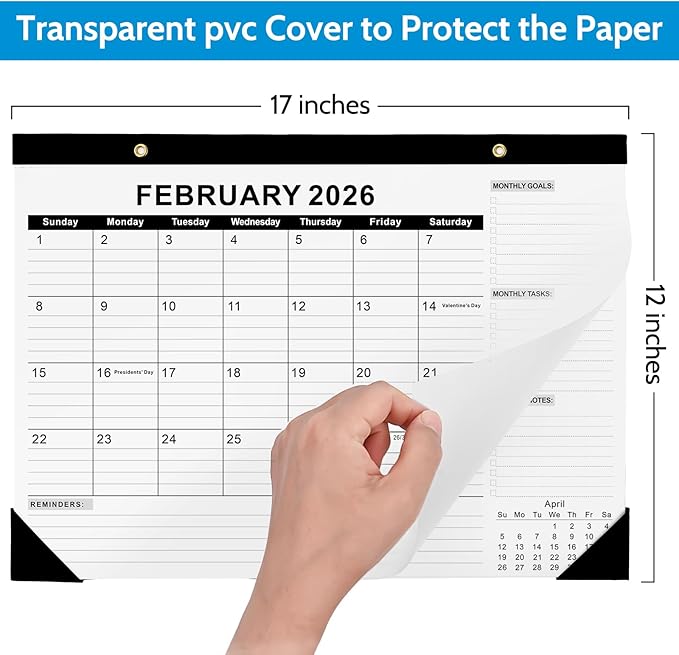 2026 Desk Calendar - Desk Calendar 2026 from Jan. 2026 to Dec 2026, Large 17" x 12" Desktop Monthly Calendar with Clear Waterproof Cover for Home School Office Desk Top Organizing