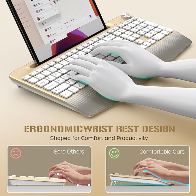 JOYACCESS Ergonomic Wireless Keyboard with Palm Rest & Tilt Angle, 2.4G Full-Size, Comfortable Typing, USB-C Adapter & Phone Holder for Mac/Windows -Gold White
