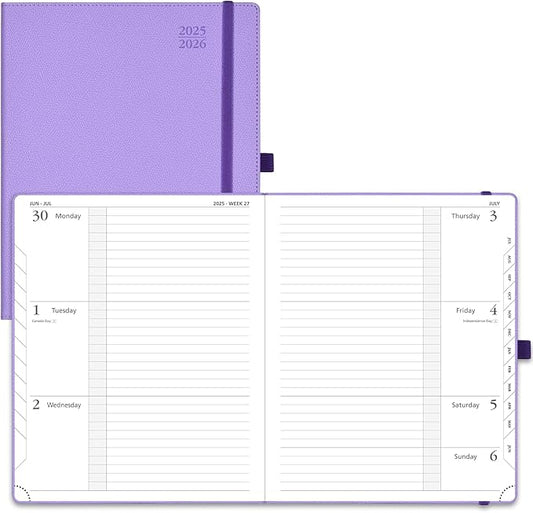 POPRUN Planner 2025-2026 (Large 8.5''x 10.5''), Horizontal Weekly Notebook Jul.2025 - Jun.2026, Academic Appointment Book with Monthly Tabs, Leather Hardcover, Inner Pocket, 100 GSM - Lavender