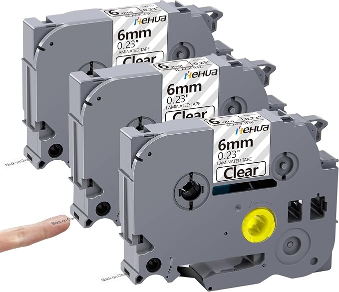 Hehua Tze Tz 6mm 0.23 Laminated Clear Tape Compatible for Brother Label Maker Tape TZe-111 TZe111 TZ-111 TZ111 for Ptouch PT D200 D210 H110 1880, 1/4'' x 26.2ft Black on Clear, 3 Pack