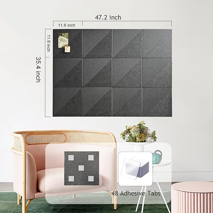 Large Cork Board for Walls 48"x 36", 12 Pack Felt Wall Tiles with Safe Removable Adhesive Tabs, Cork Board for Office,Pinboard Bulletin Board - Dark Gray