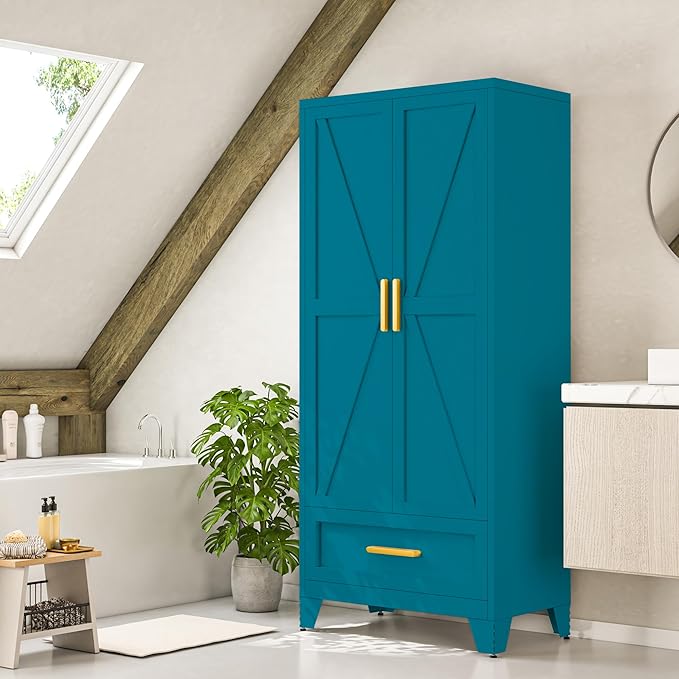 Metal Wardrobe Cabinet,71 Armoire Wardrobe Closet with Drawers and Hanging Rod,Metal Armoire with Adjustable Shelves for Closet,Bedroom,Farmhouse Storage Cabinet with Drawer(Blue)