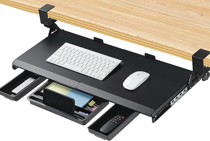ETHU Keyboard Tray Under Desk, Pull Out Keyboard & Mouse Tray with C-clamp, Ergonomic Desk Keyboard Tray Slide Out, Pull Out Platform Drawer for Home and Office（Black）