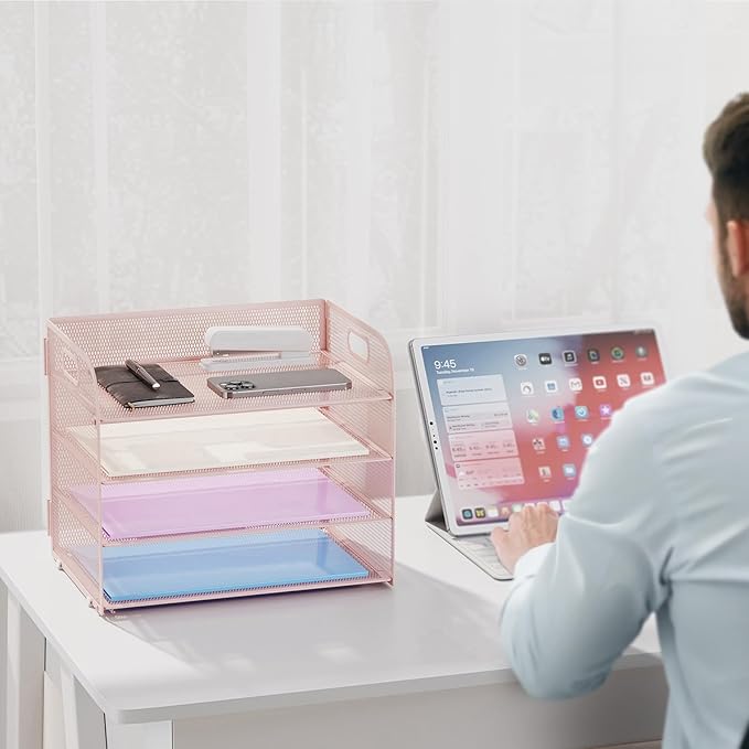 Marbrasse 4 Tier Paper Organizer Letter Tray - Mesh Desk File Organizer with Handle, Paper Sorter Organizer for Letter/A4 Office File Folder Holder (Pink, 12.6" x 9.1" x 10.7")