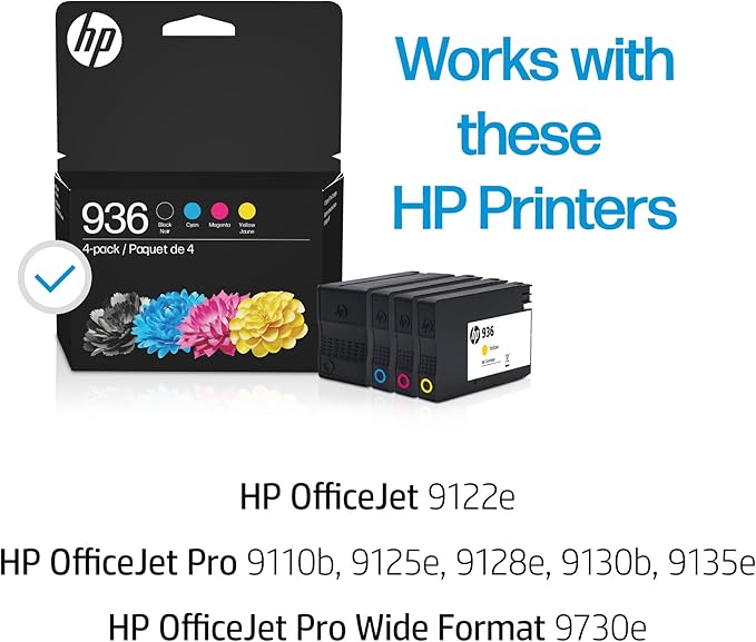 HP 936 Black, Cyan, Magenta, Yellow Ink Cartridges Printers (4-Pack) | Works with OfficeJet 9120, OfficeJet Pro 9110, 9120, 9130, Wide Format 9730 | Eligible for Instant Ink | 6C3Z5LN