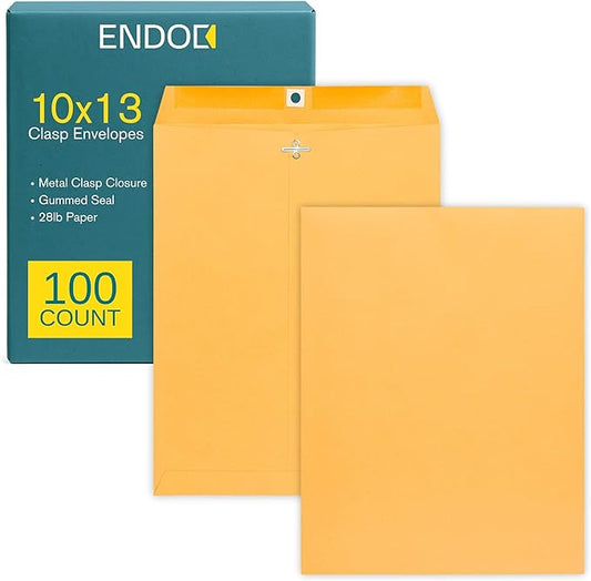 EnDoc 10 x 13 Clasp Envelopes – 100 Pack Brown Kraft Catalog Envelopes with Clasp Closure & Gummed Seal – 28lb Heavyweight Paper 10x13 inches Envelopes for Home, Office, Business, Legal or School