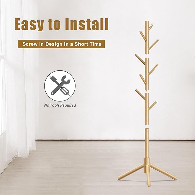 Wooden Coat Rack, Free Standing Coat Rack with 8 Hooks 3 Adjustable Heights for Clothes, Hats, Handbags, Coat Tree Easy Assembly for Entryway, Bedroom, Hallway, Office (New Nature)