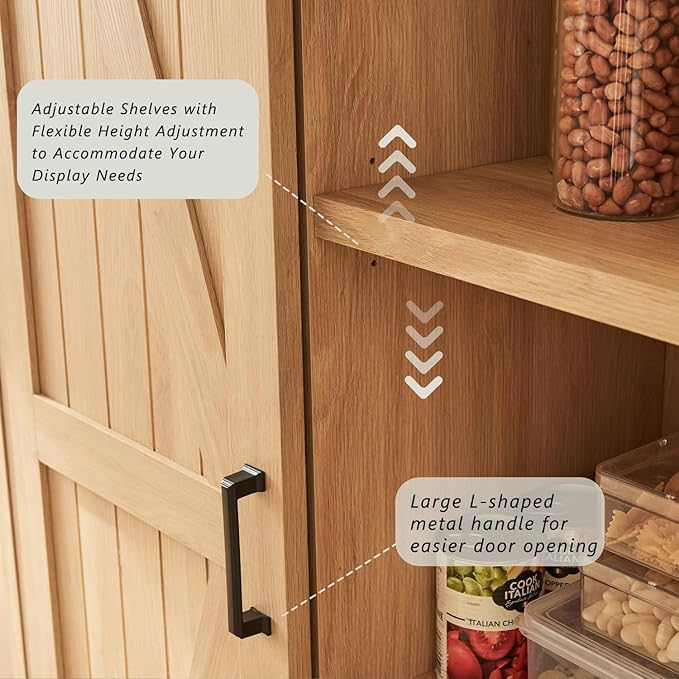 72” Tall Farmhouse Bookshelf, 32” Wide Large Wooden Bookcase w/Sliding Barn Door, 5-Tier Storage Cabinet with Adjustable Shelves, Modern Versatile Cabinet for Living Room, Offices, Natural Oak