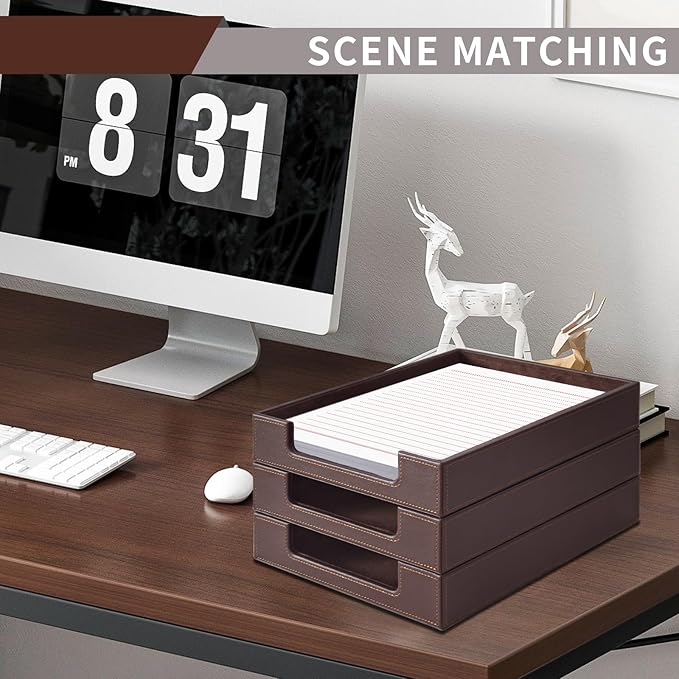 PU Leather Letter Tray - Load Documents Trays Front for Office Desktop Organizer - Desk Magazine, File, A4 Paper Holder - Paper Document File Holder Drak Brown (Drak Brown, A4-Tray)