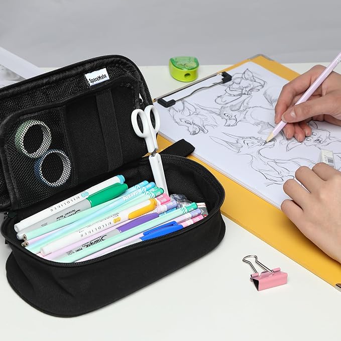 Pencil Case Pouch Box Bag School Supplies Girls Boys Kids, Cute Preppy Stuff Large Big Capacity Aesthetic Pen Organizer, Back to College Stationary, Coal Black, Heavy Duty Canvas, 1800ml