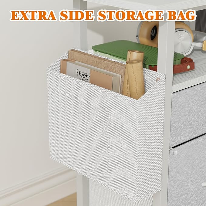 2 Fabric Drawer File Cabinet with 24'' Extended Desktop, Mobile Filing Cabinet, Rolling File Cabinet with Side Bag, Fits A4 Size, Home Office, White