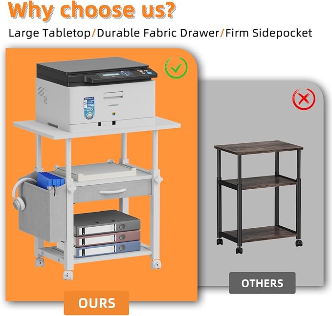 Large 22"x15" Printer Stand, 3-Tier Height Adjustable with Storage Drawer & Side Bag, Rolling Cart for Heat Press/Laser/3D Printer (White)