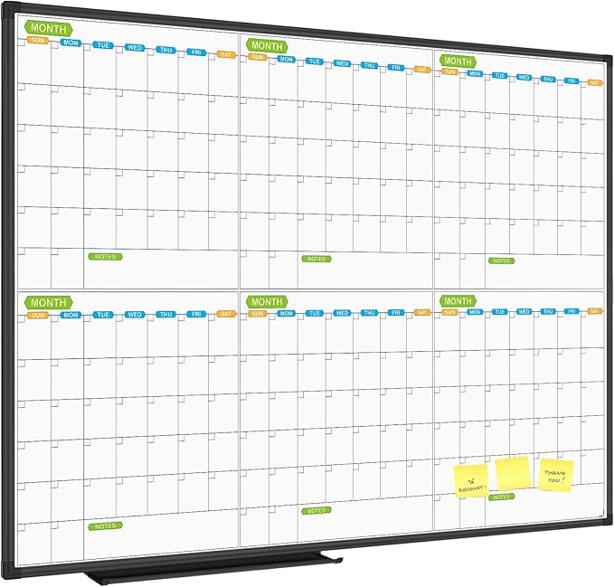 JILoffice Magnetic Dry Erase Calendar Whiteboard, 6 Months White Board Planner 48 X 36 Inch, Black Aluminum Frame Wall Mounted Board for Office Home and School