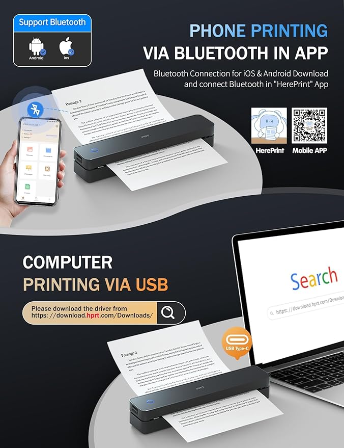 PRT Portable Printer Wireless for Travel, Inkless Bluetooth Small Mobile Thermal Printer, Support 8.5" X 11", A4, Compatible with iOS, Android, Laptop for Home Use, Office & Vehicles, 300 DPI, Black