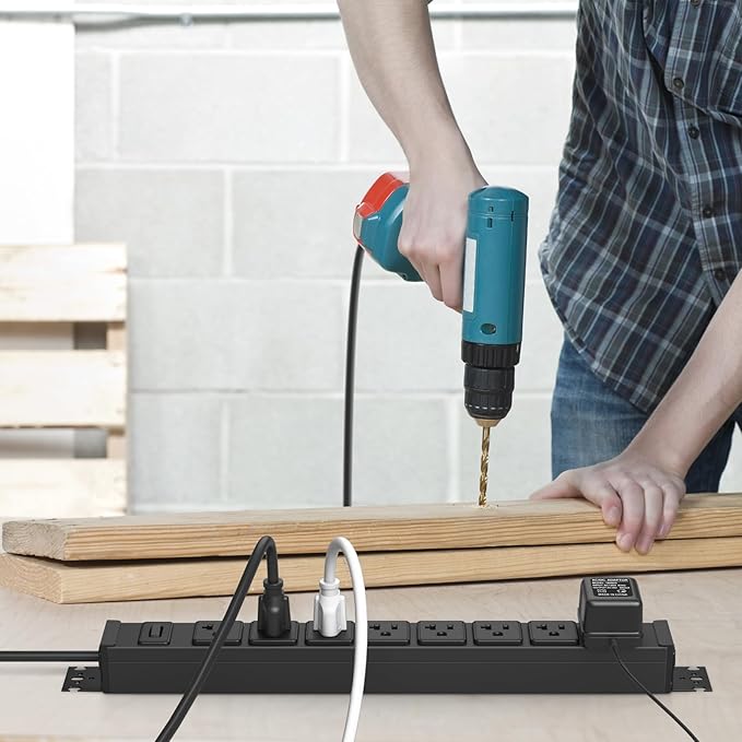 JUNNUJ Heavy Duty Power Strip Wall Mount, 20 Amp Surge Protector 1200J Metal 8 Outlet Under Desk Mounted 20A, Garage Power Table Socket Industrial Outlets 6-20R T-Slot, Black-15FT 12AWG Extension Cord