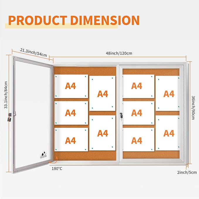 Lockable Outdoor Enclosed Bulletin Board, Weatherproof Cork Noticeboard with Locking Door, Wall-Mounted Aluminum Framed Display Case for Messages,36x24in (5xA4) (Silver Frame & Cork, 44x32 in)