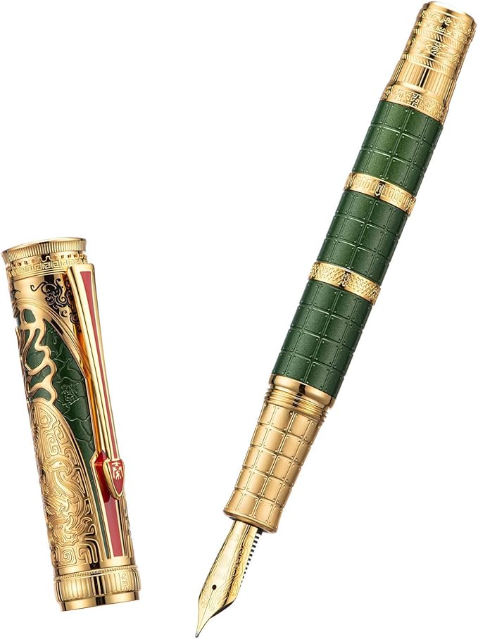 Hongdian D5X Fountain Pen - Green Qin Dynasty Writing Pen with Fine Nib and Converter Set