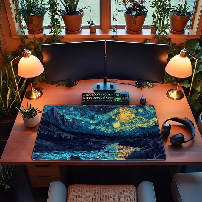 Misty Forest Desk Pad Mat Vincent Van Gogh XL Mouse Pad Gaming Playmat Large Mousepad XXL Desk Laptop Pad Equipped with Waterproof Storage Bag Non-Slip Stitched Edges (31.5x15.7 in)
