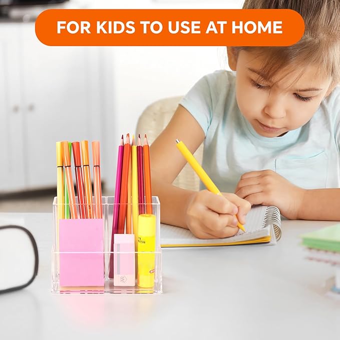 Pen Holder for Desk, Clear Acrylic Pencil Holder for Desk, Marker Holder with 3 Compartments, Pencil Organizer for Home, Office, Classroom, Bathroom